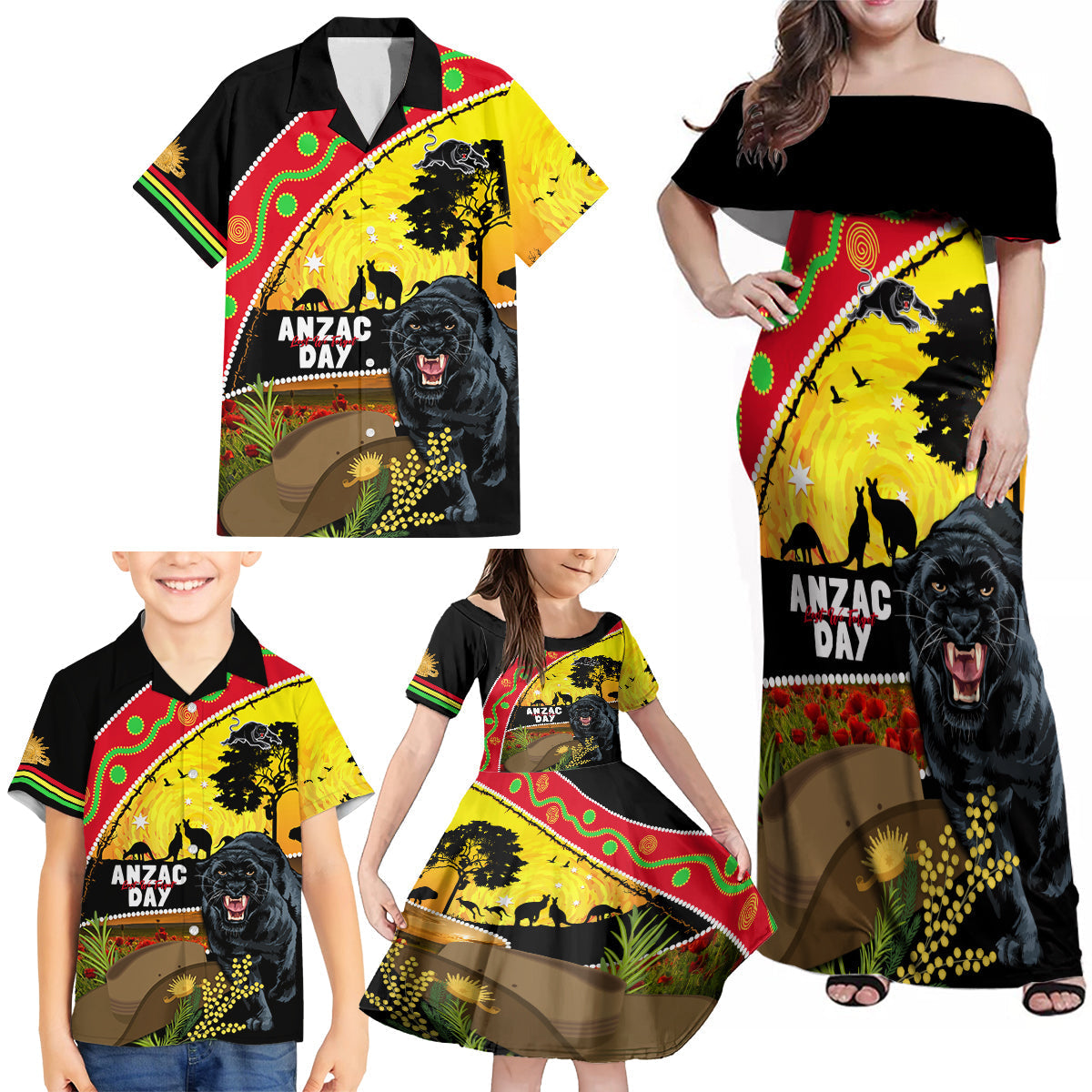 Panthers ANZAC Day Family Matching Off Shoulder Maxi Dress and Hawaiian Shirt Pennies Mascot Rosemary Starring Night Style
