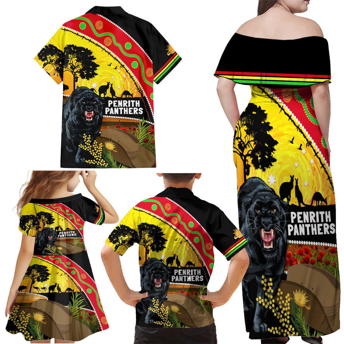 Panthers ANZAC Day Family Matching Off Shoulder Maxi Dress and Hawaiian Shirt Pennies Mascot Rosemary Starring Night Style