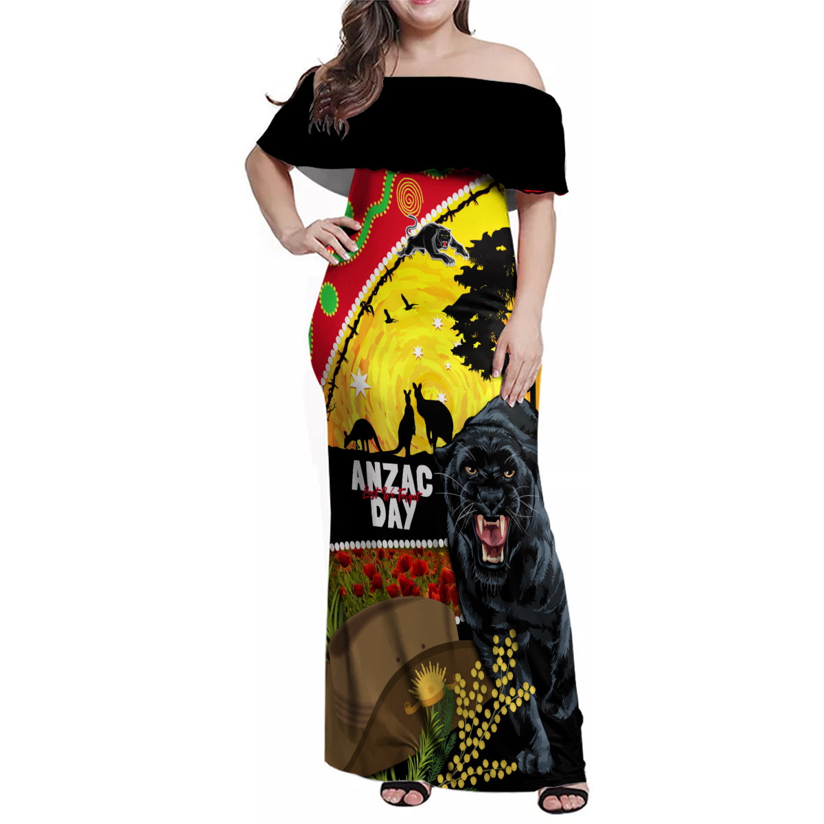 Panthers ANZAC Day Family Matching Off Shoulder Maxi Dress and Hawaiian Shirt Pennies Mascot Rosemary Starring Night Style