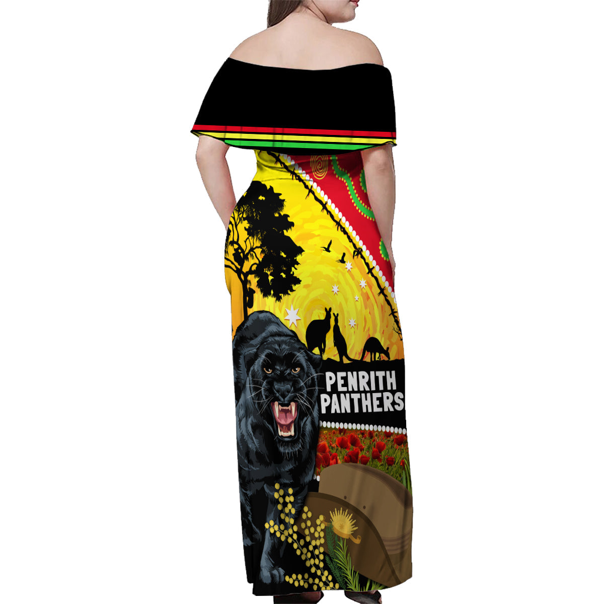 Panthers ANZAC Day Family Matching Off Shoulder Maxi Dress and Hawaiian Shirt Pennies Mascot Rosemary Starring Night Style