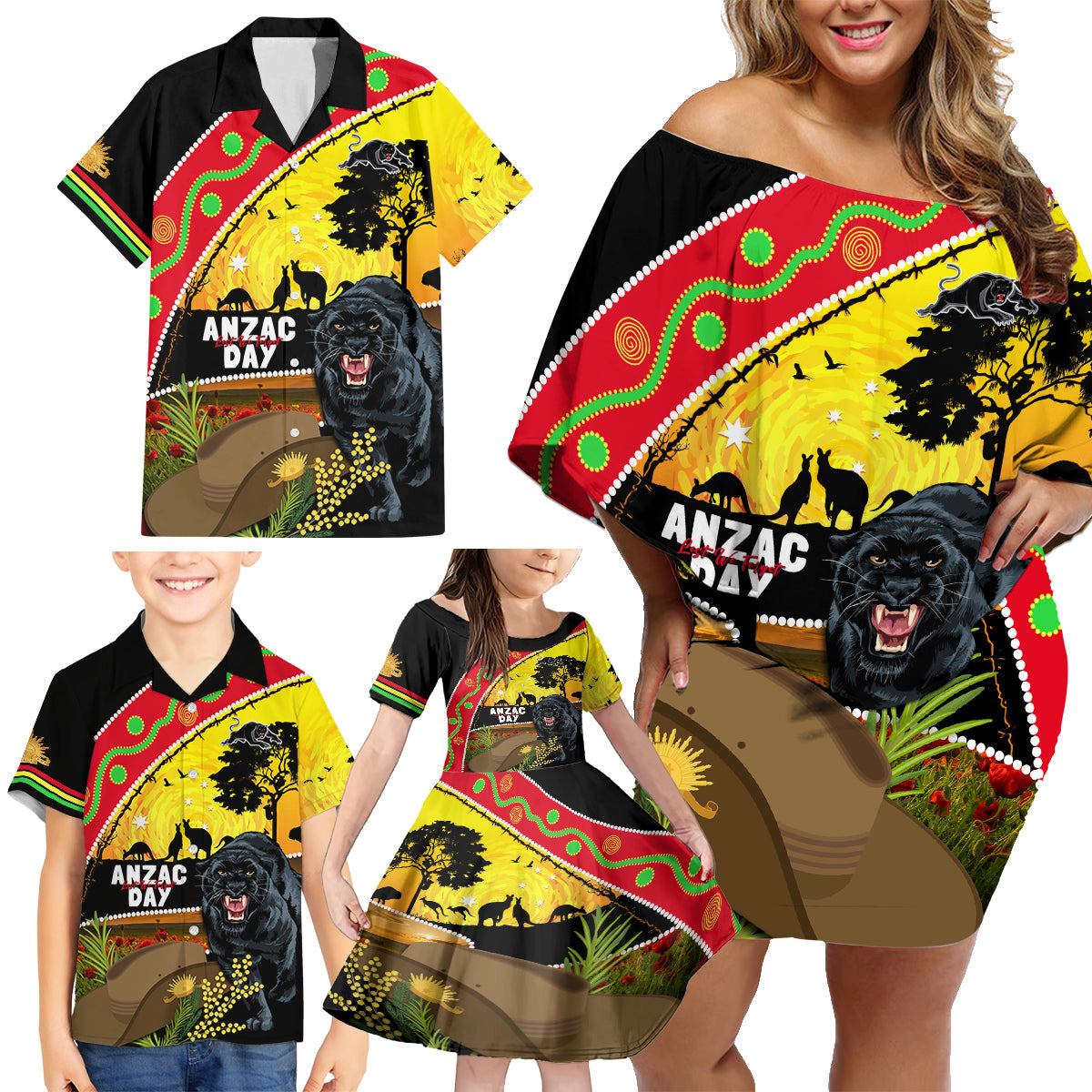 Panthers ANZAC Day Family Matching Off Shoulder Short Dress and Hawaiian Shirt Pennies Mascot Rosemary Starring Night Style