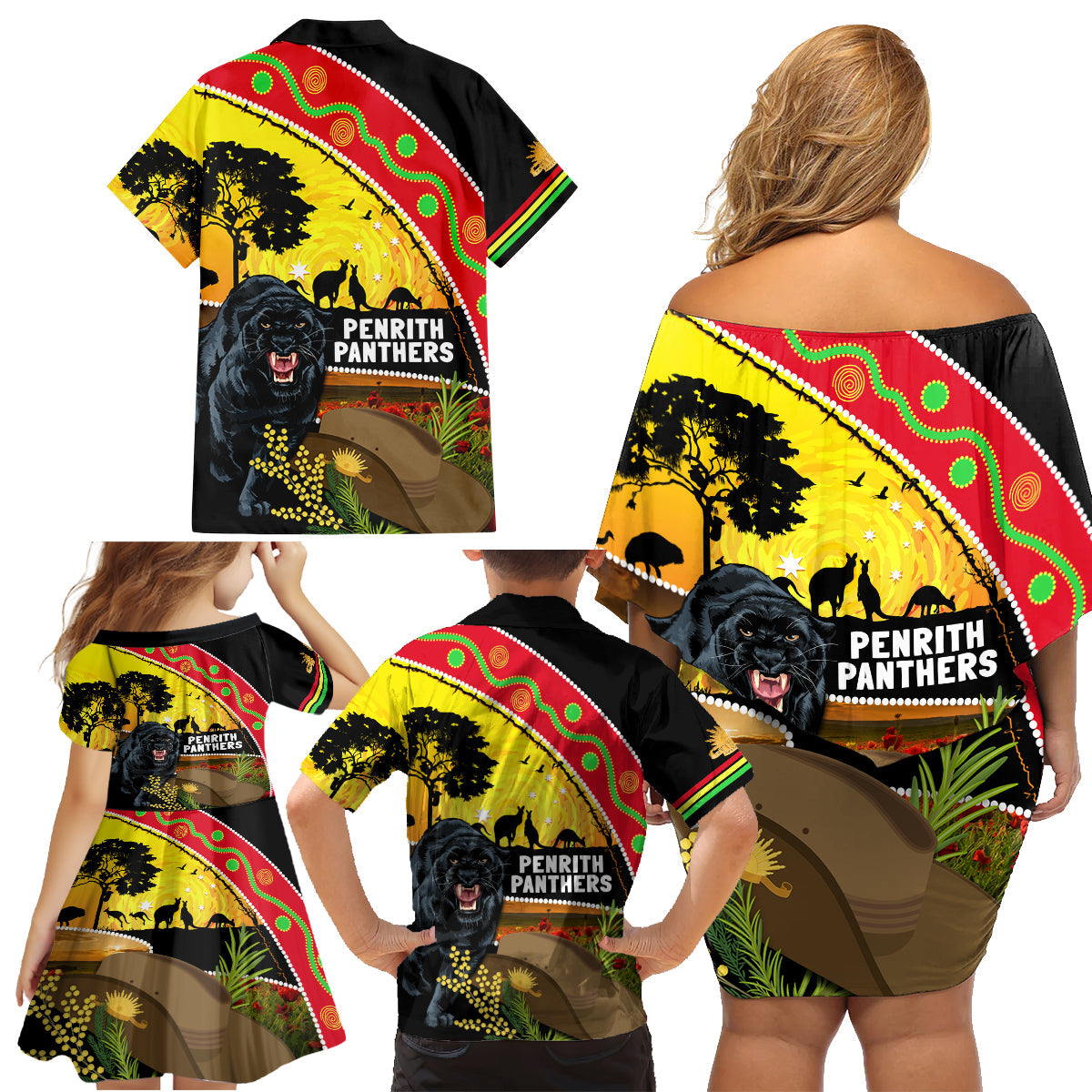 Panthers ANZAC Day Family Matching Off Shoulder Short Dress and Hawaiian Shirt Pennies Mascot Rosemary Starring Night Style