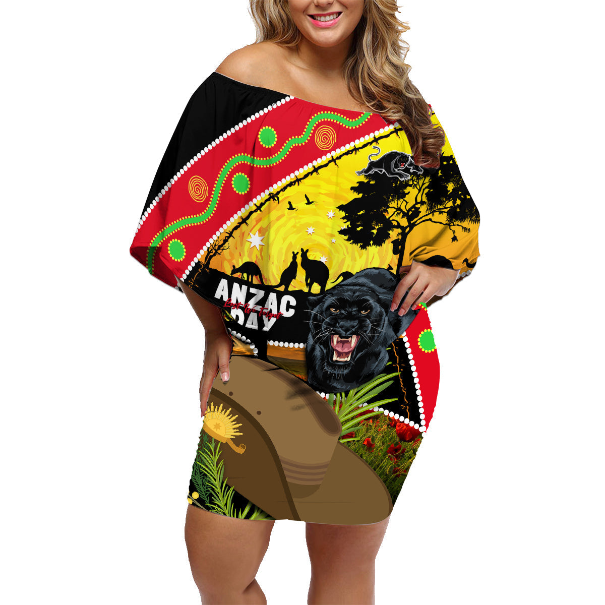 Panthers ANZAC Day Family Matching Off Shoulder Short Dress and Hawaiian Shirt Pennies Mascot Rosemary Starring Night Style