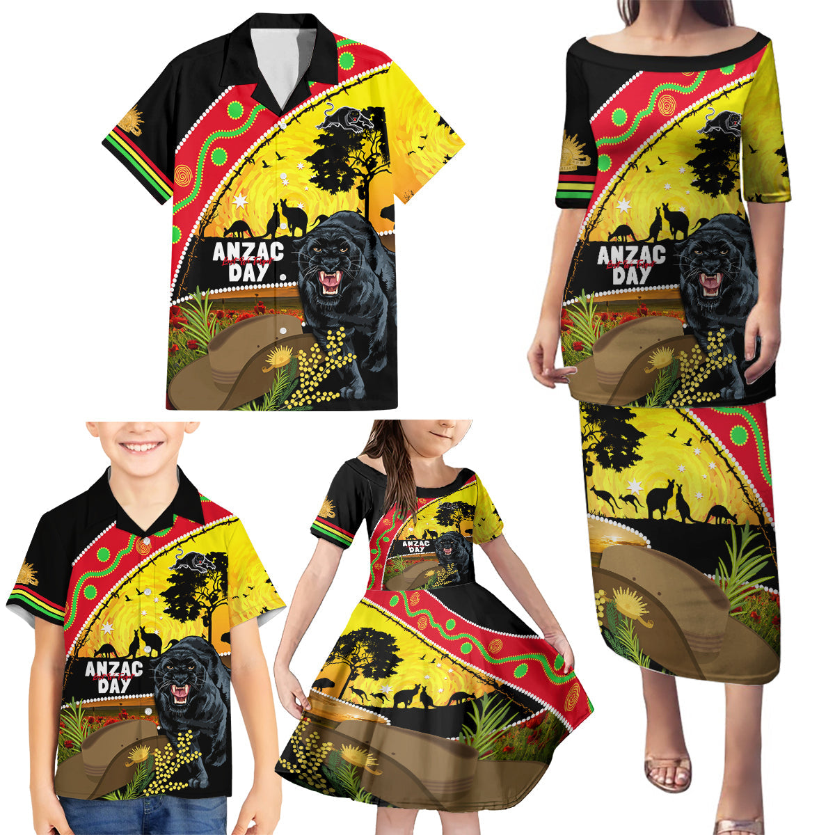 Panthers ANZAC Day Family Matching Puletasi and Hawaiian Shirt Pennies Mascot Rosemary Starring Night Style