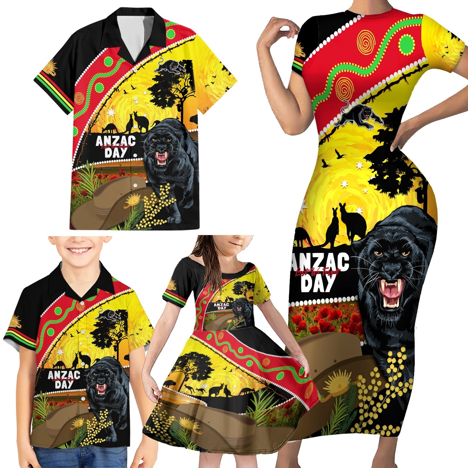 Panthers ANZAC Day Family Matching Short Sleeve Bodycon Dress and Hawaiian Shirt Pennies Mascot Rosemary Starring Night Style