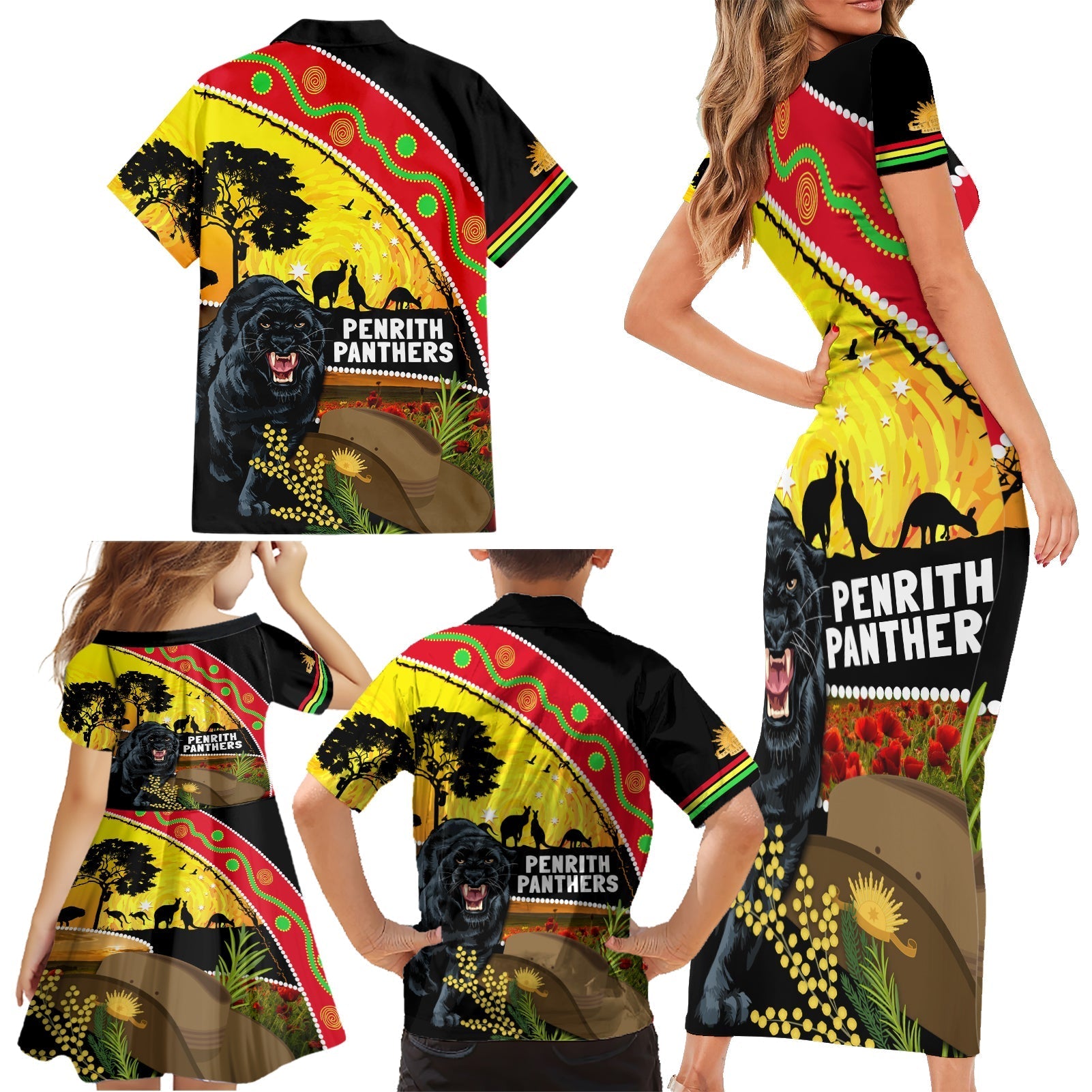 Panthers ANZAC Day Family Matching Short Sleeve Bodycon Dress and Hawaiian Shirt Pennies Mascot Rosemary Starring Night Style