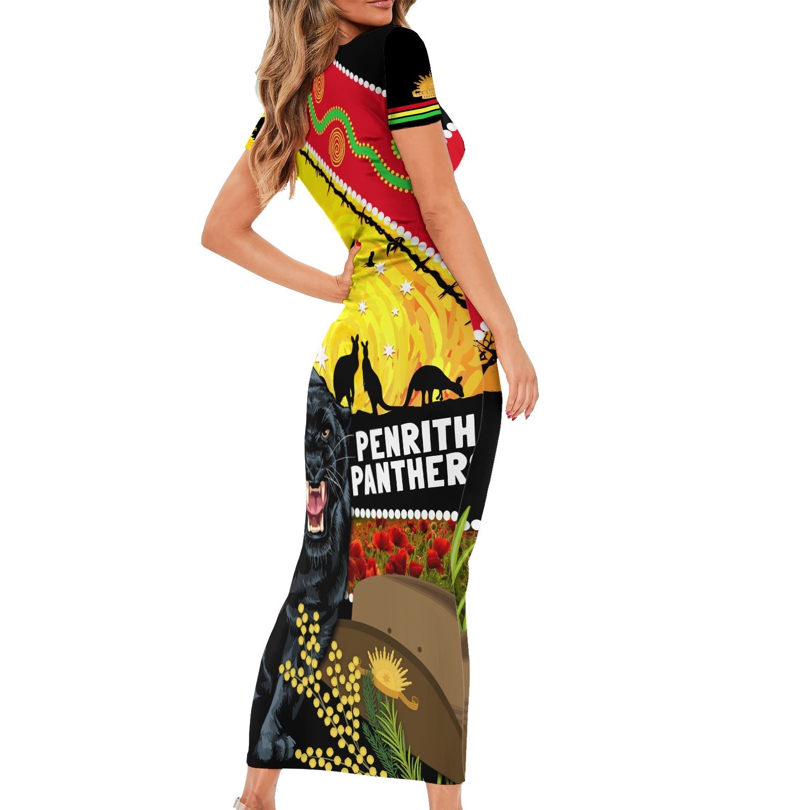 Panthers ANZAC Day Family Matching Short Sleeve Bodycon Dress and Hawaiian Shirt Pennies Mascot Rosemary Starring Night Style