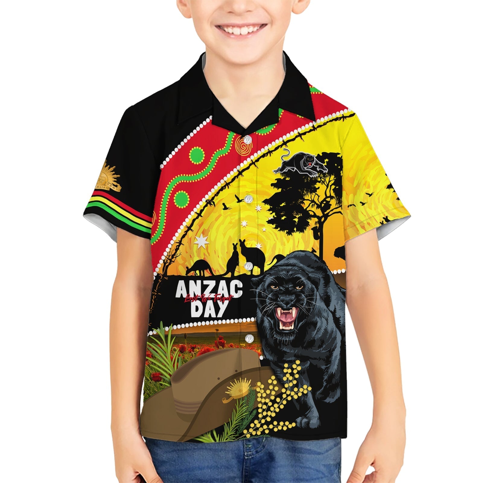 Panthers ANZAC Day Family Matching Short Sleeve Bodycon Dress and Hawaiian Shirt Pennies Mascot Rosemary Starring Night Style