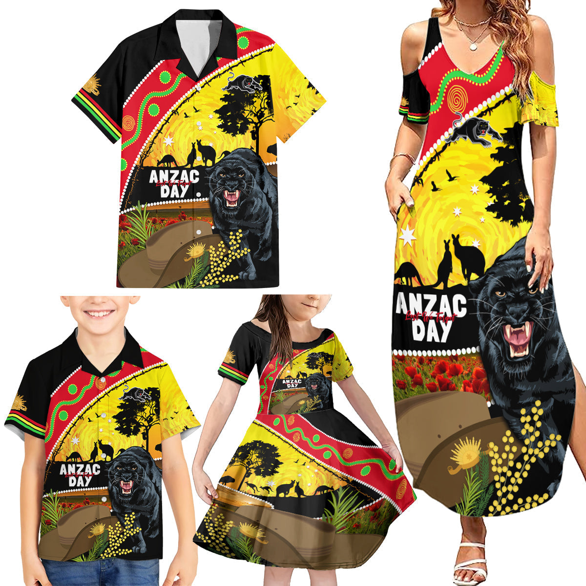 Panthers ANZAC Day Family Matching Summer Maxi Dress and Hawaiian Shirt Pennies Mascot Rosemary Starring Night Style