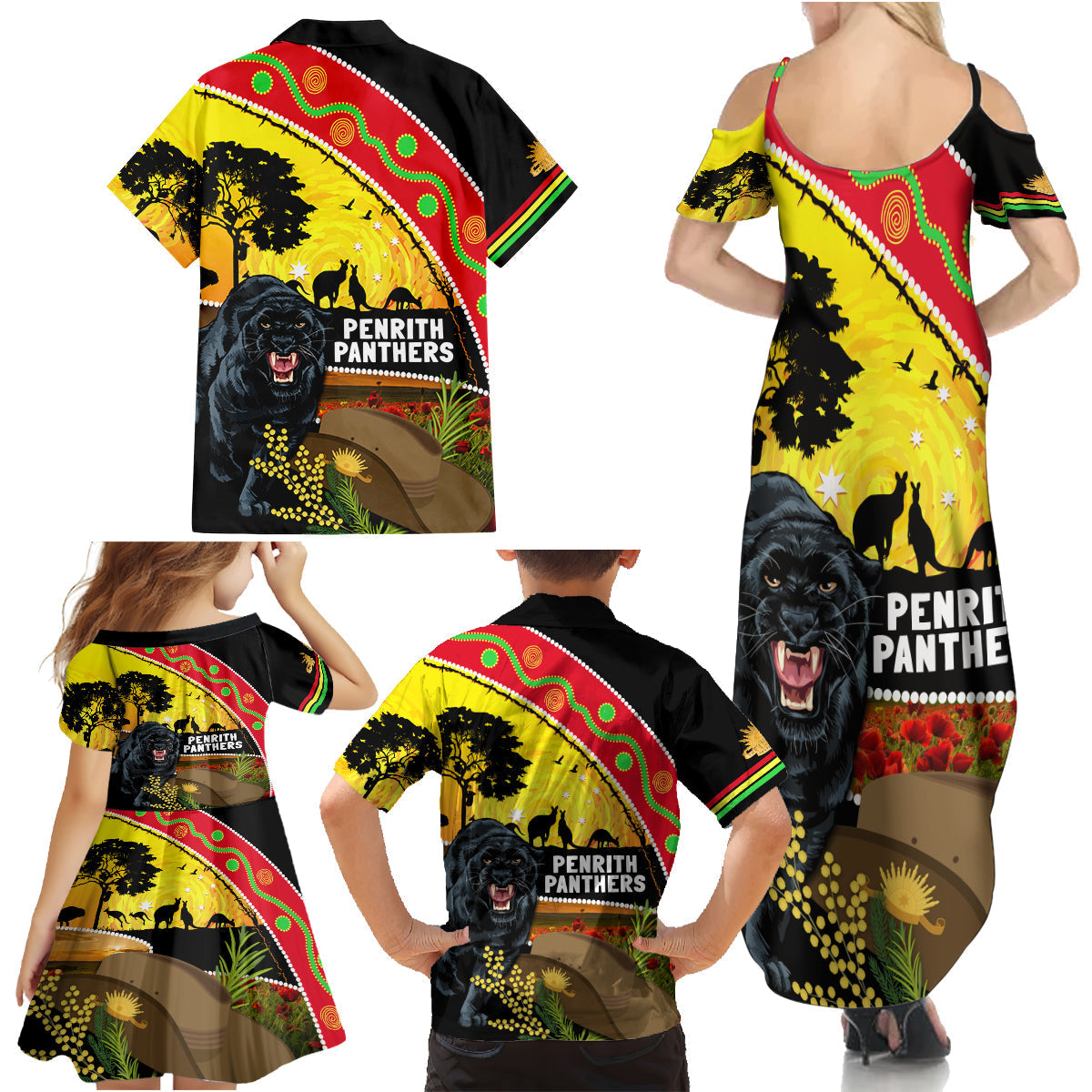 Panthers ANZAC Day Family Matching Summer Maxi Dress and Hawaiian Shirt Pennies Mascot Rosemary Starring Night Style