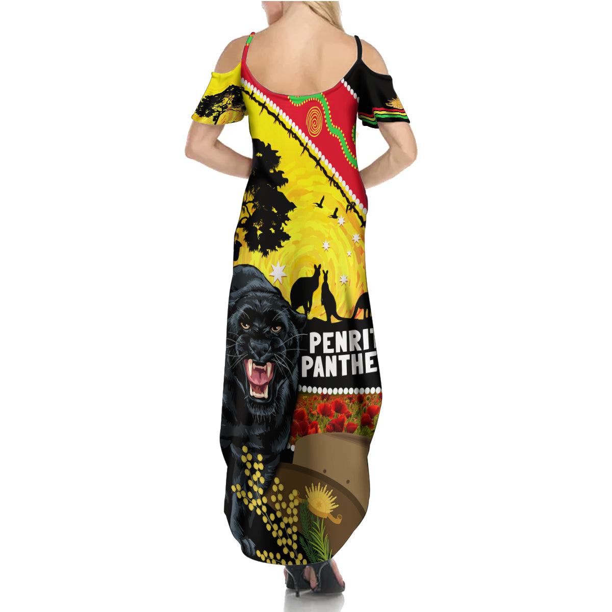Panthers ANZAC Day Family Matching Summer Maxi Dress and Hawaiian Shirt Pennies Mascot Rosemary Starring Night Style