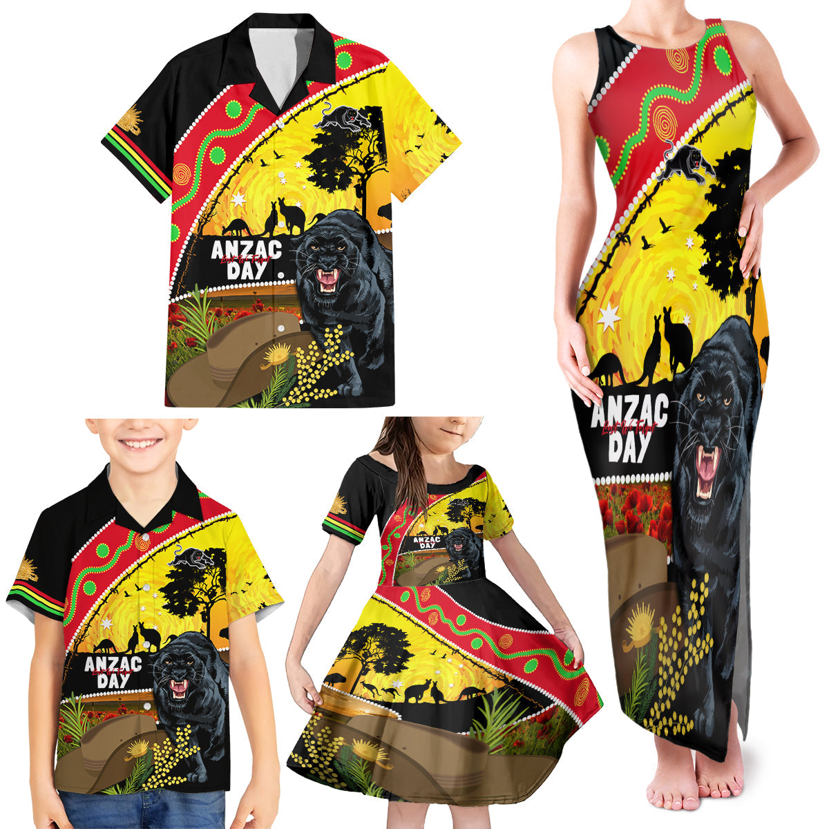 Panthers ANZAC Day Family Matching Tank Maxi Dress and Hawaiian Shirt Pennies Mascot Rosemary Starring Night Style