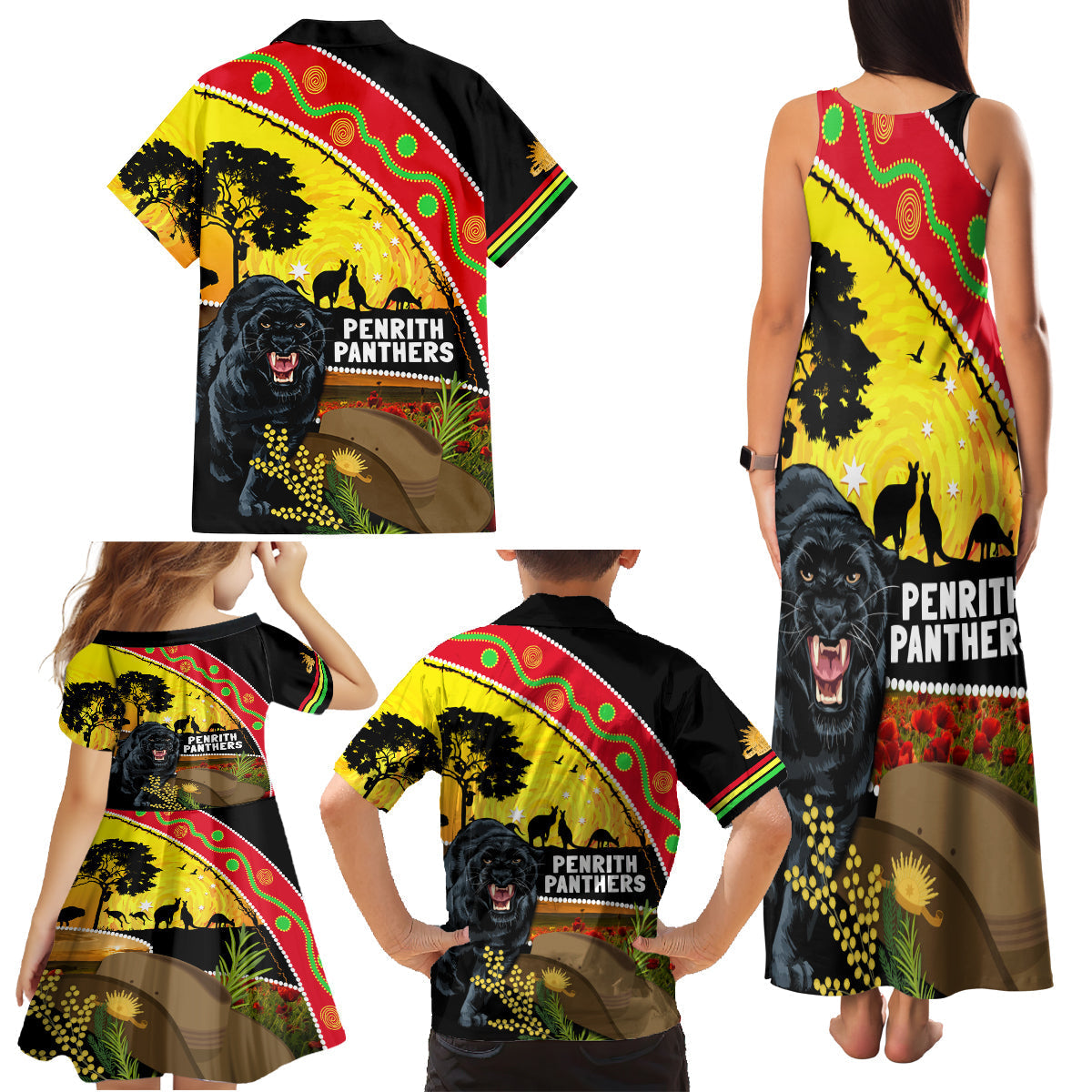 Panthers ANZAC Day Family Matching Tank Maxi Dress and Hawaiian Shirt Pennies Mascot Rosemary Starring Night Style