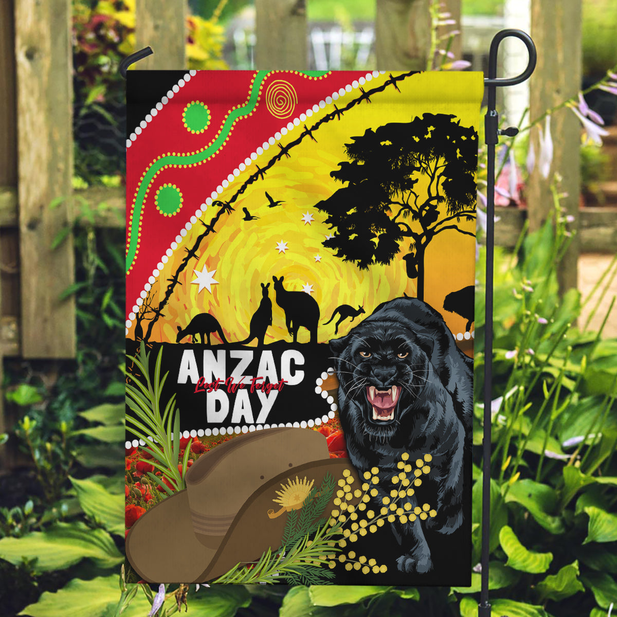 Panthers ANZAC Day Garden Flag Pennies Mascot Rosemary Starring Night Style - Vibe Hoodie Shop