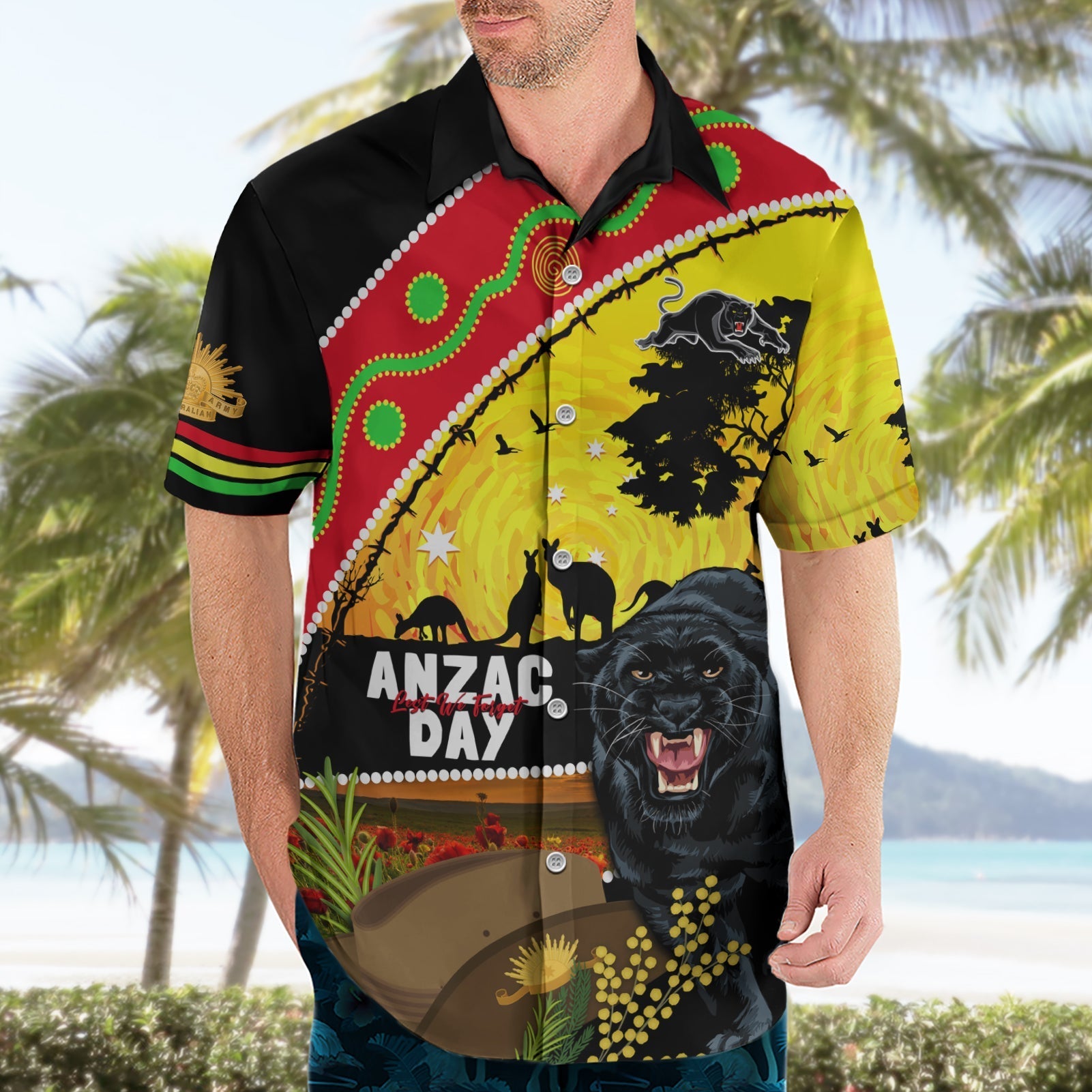 Panthers ANZAC Day Hawaiian Shirt Pennies Mascot Rosemary Starring Night Style - Vibe Hoodie Shop