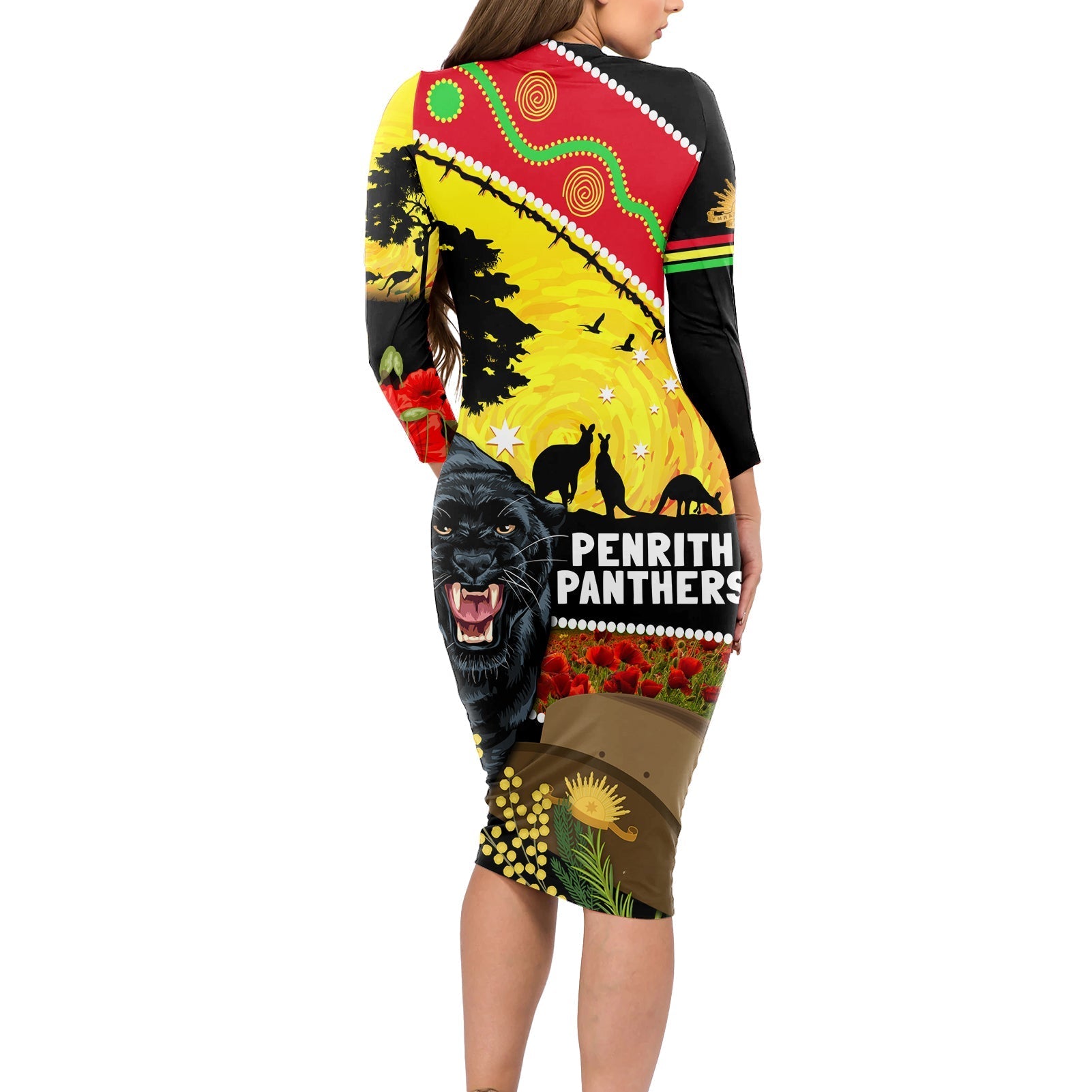 Panthers ANZAC Day Long Sleeve Bodycon Dress Pennies Mascot Rosemary Starring Night Style