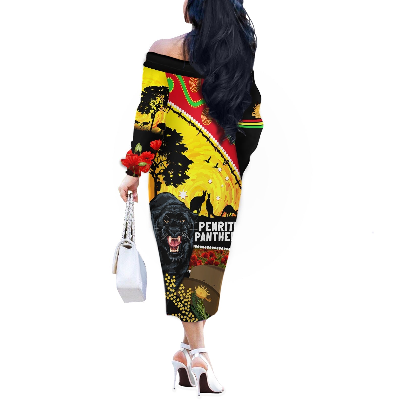 Panthers ANZAC Day Off The Shoulder Long Sleeve Dress Pennies Mascot Rosemary Starring Night Style