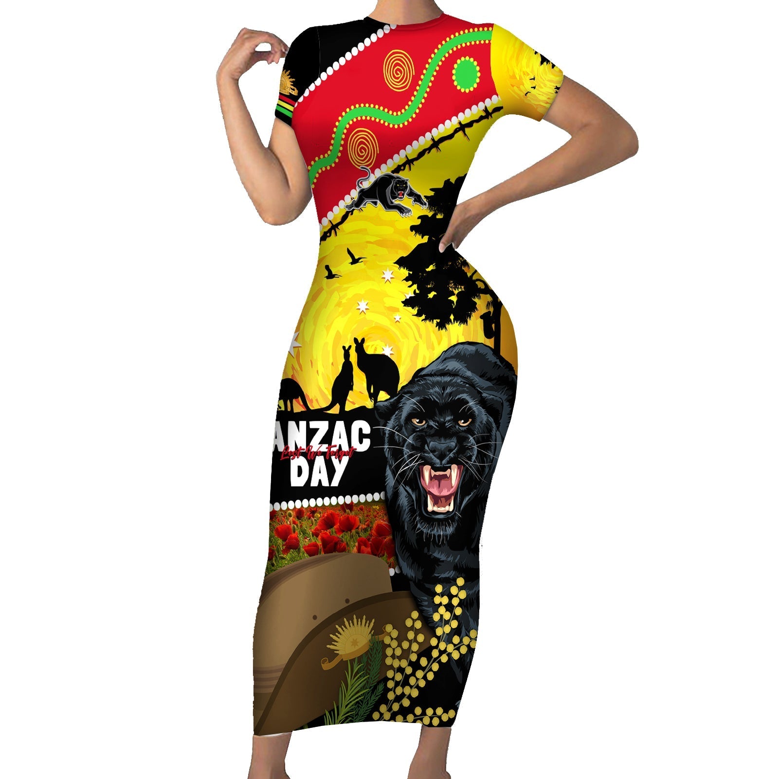 Panthers ANZAC Day Short Sleeve Bodycon Dress Pennies Mascot Rosemary Starring Night Style