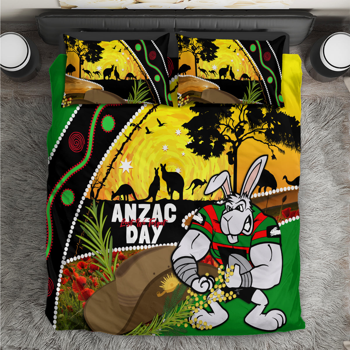 Rabbitohs ANZAC Day Bedding Set Souths Mascot Rosemary Starring Night Style - Vibe Hoodie Shop