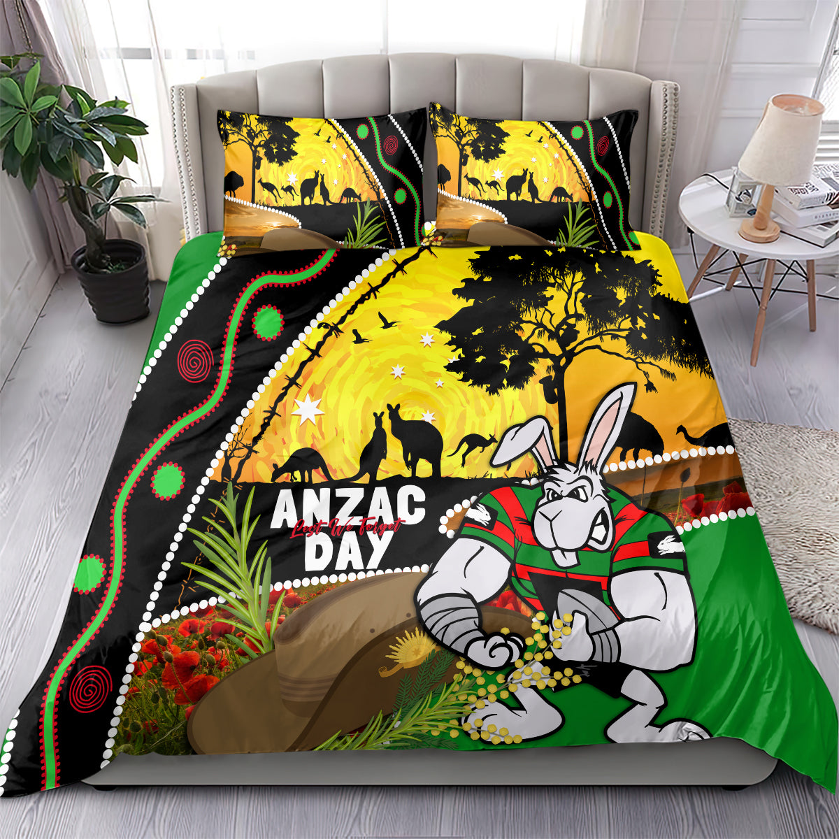 Rabbitohs ANZAC Day Bedding Set Souths Mascot Rosemary Starring Night Style - Vibe Hoodie Shop