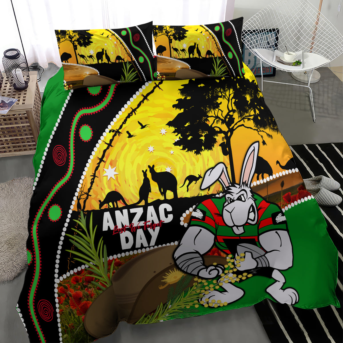 Rabbitohs ANZAC Day Bedding Set Souths Mascot Rosemary Starring Night Style - Vibe Hoodie Shop