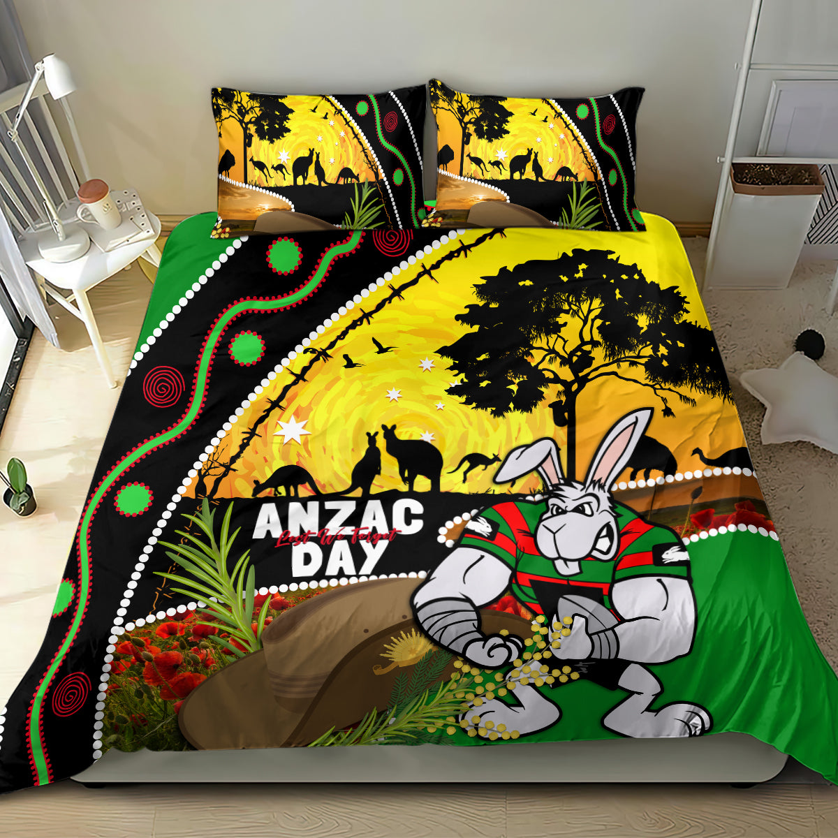 Rabbitohs ANZAC Day Bedding Set Souths Mascot Rosemary Starring Night Style - Vibe Hoodie Shop