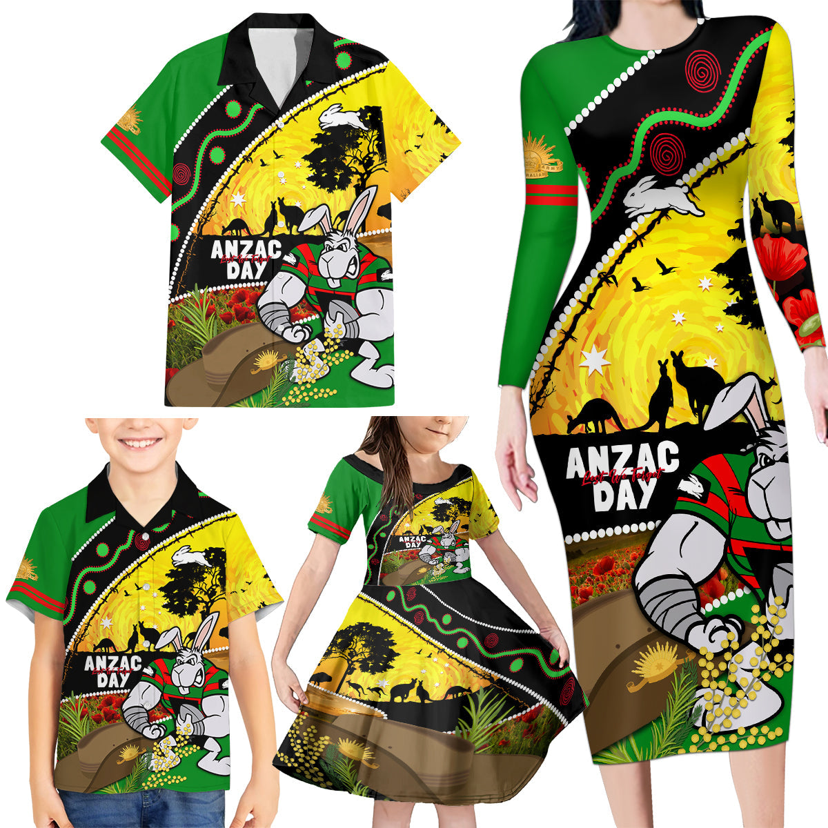 Rabbitohs ANZAC Day Family Matching Long Sleeve Bodycon Dress and Hawaiian Shirt Souths Mascot Rosemary Starring Night Style