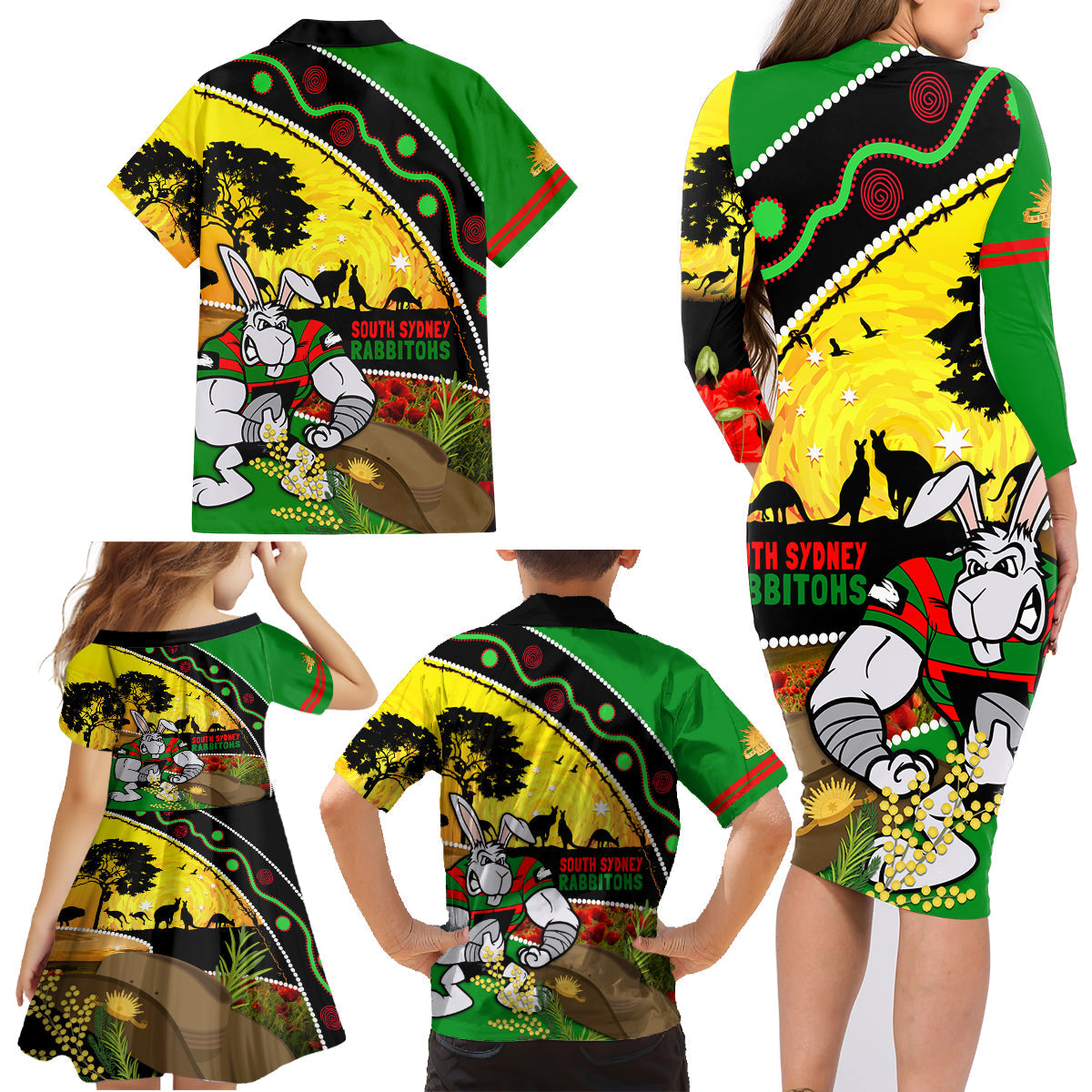 Rabbitohs ANZAC Day Family Matching Long Sleeve Bodycon Dress and Hawaiian Shirt Souths Mascot Rosemary Starring Night Style