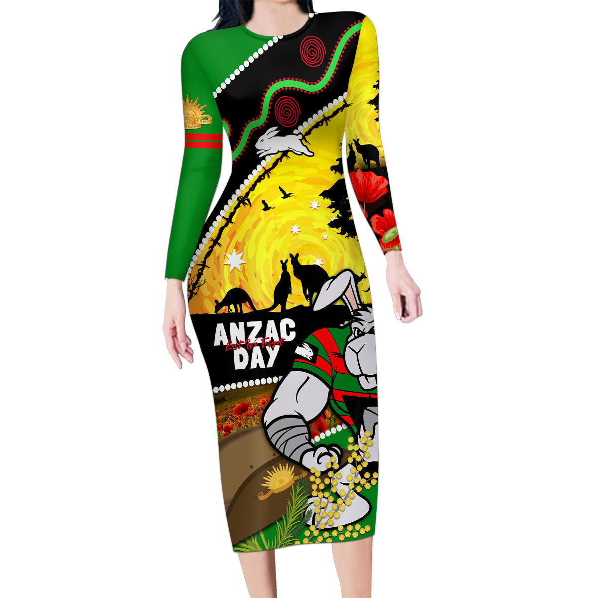 Rabbitohs ANZAC Day Family Matching Long Sleeve Bodycon Dress and Hawaiian Shirt Souths Mascot Rosemary Starring Night Style