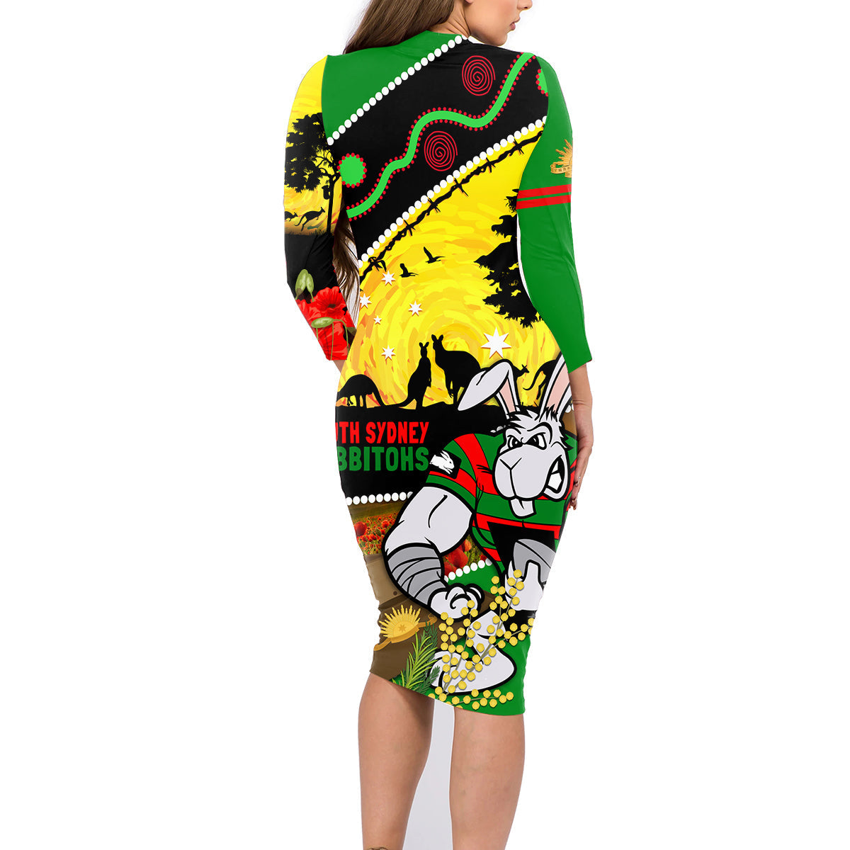 Rabbitohs ANZAC Day Family Matching Long Sleeve Bodycon Dress and Hawaiian Shirt Souths Mascot Rosemary Starring Night Style