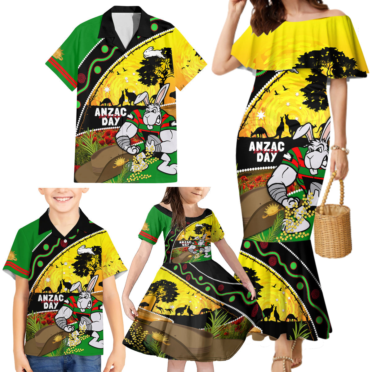 Rabbitohs ANZAC Day Family Matching Mermaid Dress and Hawaiian Shirt Souths Mascot Rosemary Starring Night Style