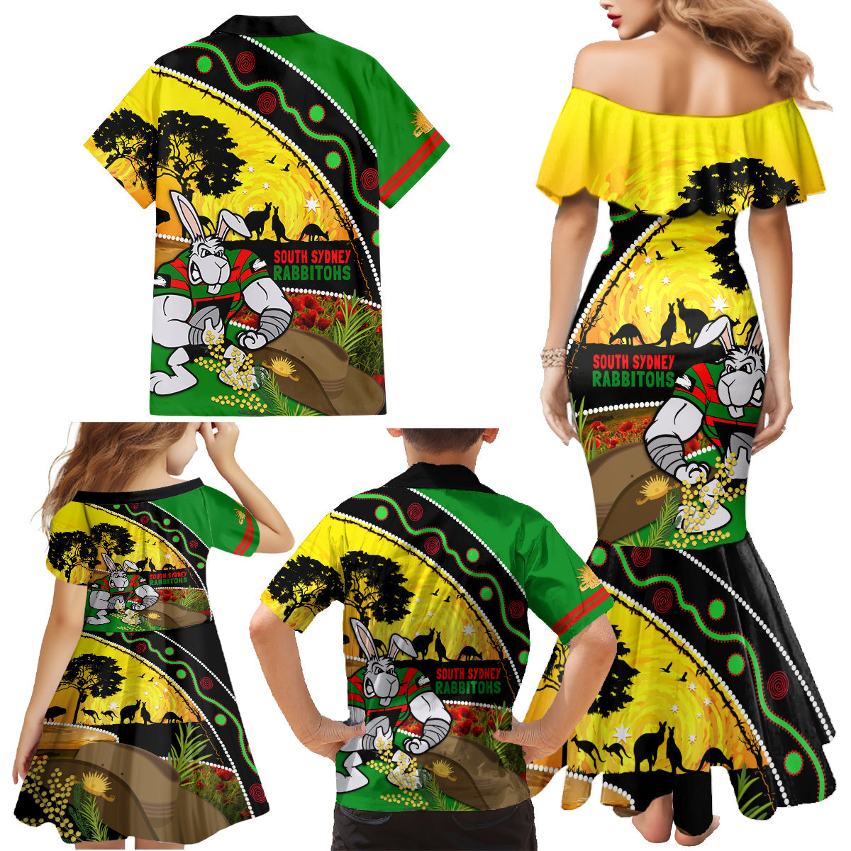 Rabbitohs ANZAC Day Family Matching Mermaid Dress and Hawaiian Shirt Souths Mascot Rosemary Starring Night Style