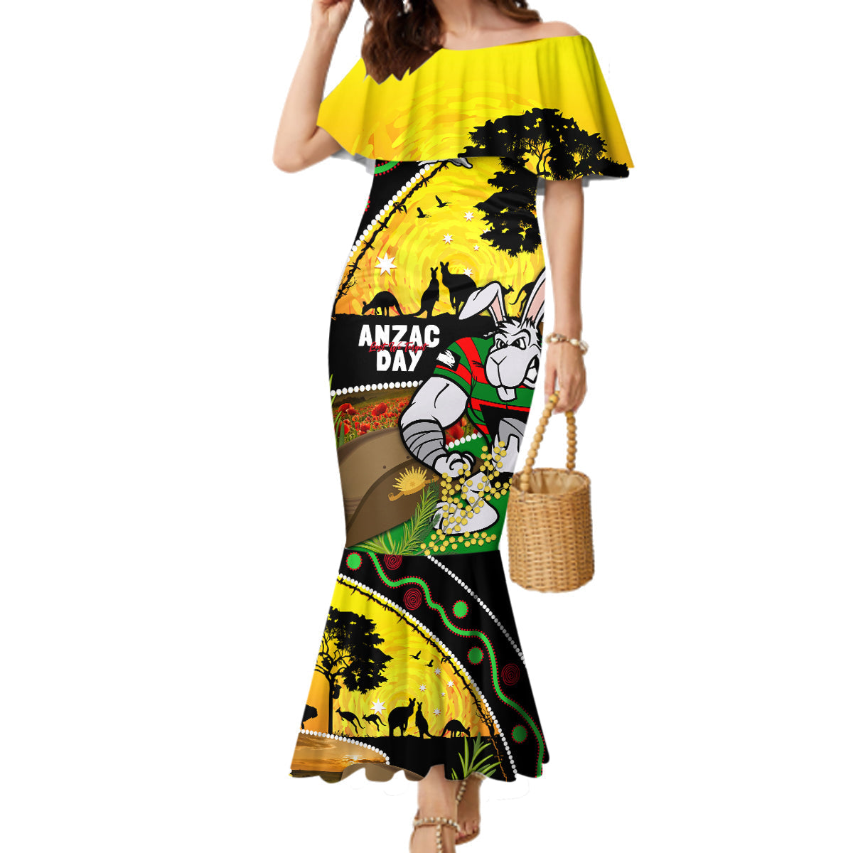 Rabbitohs ANZAC Day Family Matching Mermaid Dress and Hawaiian Shirt Souths Mascot Rosemary Starring Night Style