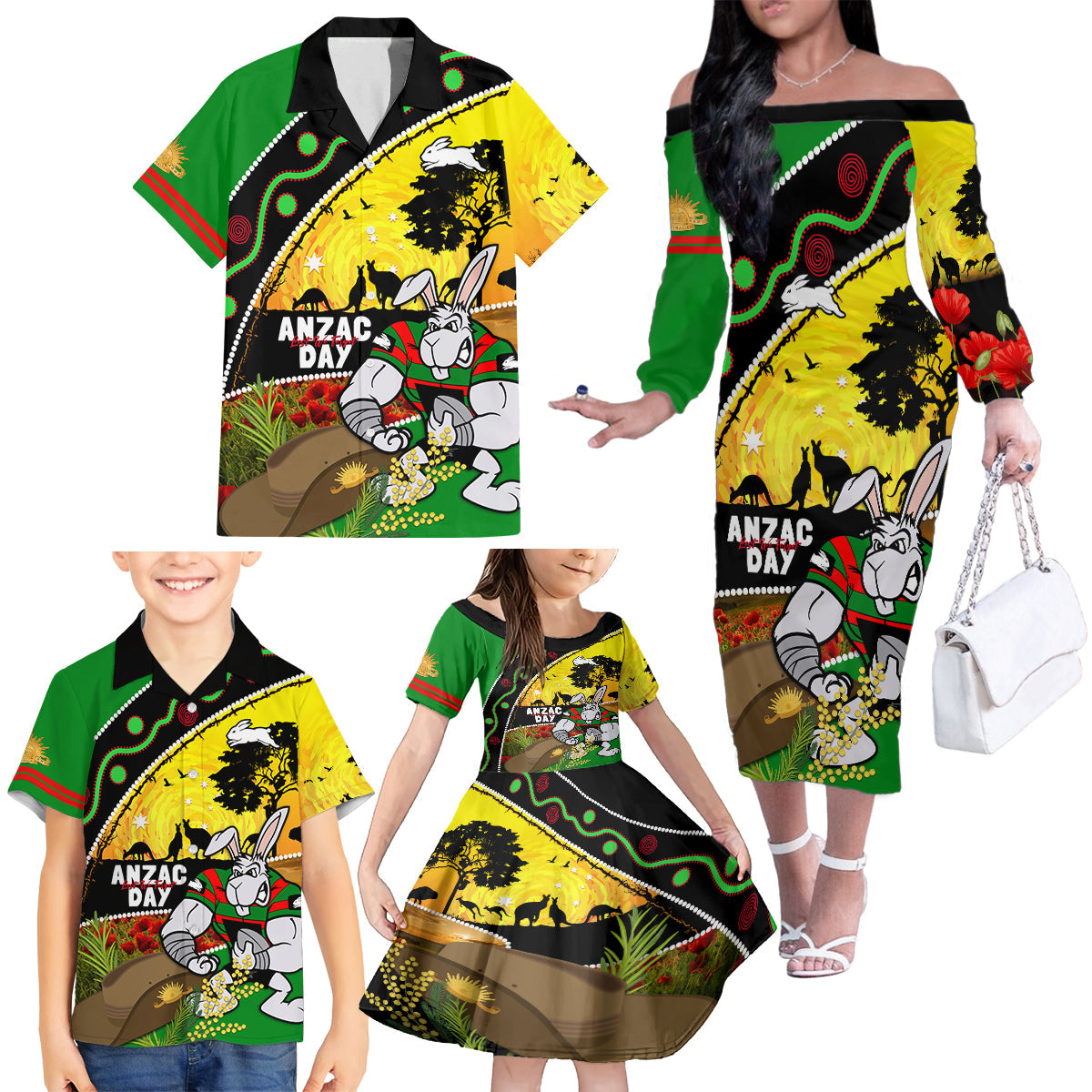 Rabbitohs ANZAC Day Family Matching Off Shoulder Long Sleeve Dress and Hawaiian Shirt Souths Mascot Rosemary Starring Night Style