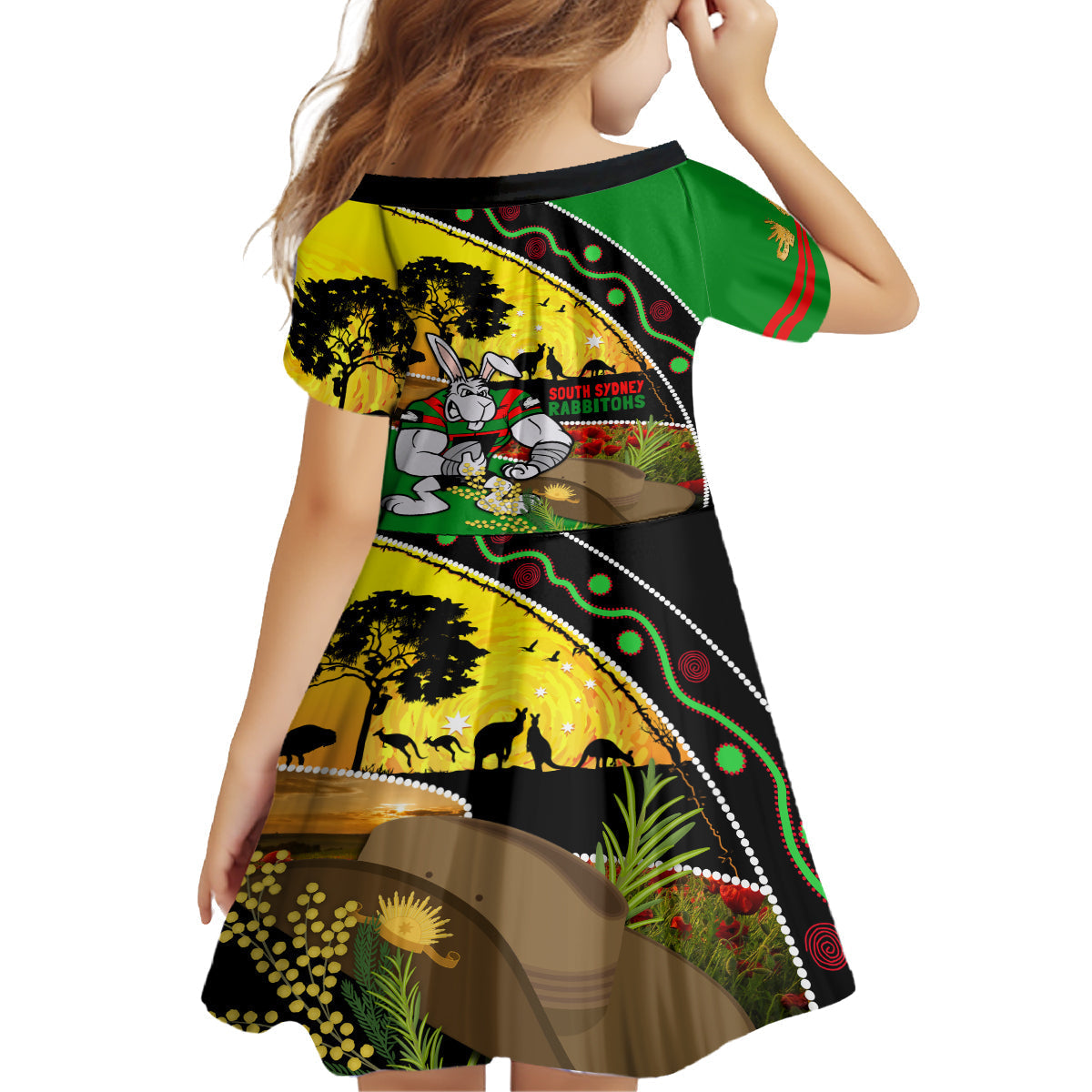 Rabbitohs ANZAC Day Family Matching Off Shoulder Long Sleeve Dress and Hawaiian Shirt Souths Mascot Rosemary Starring Night Style