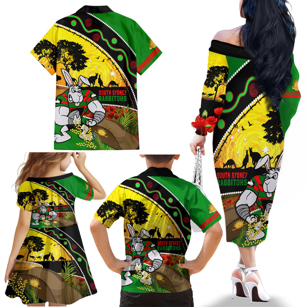 Rabbitohs ANZAC Day Family Matching Off Shoulder Long Sleeve Dress and Hawaiian Shirt Souths Mascot Rosemary Starring Night Style