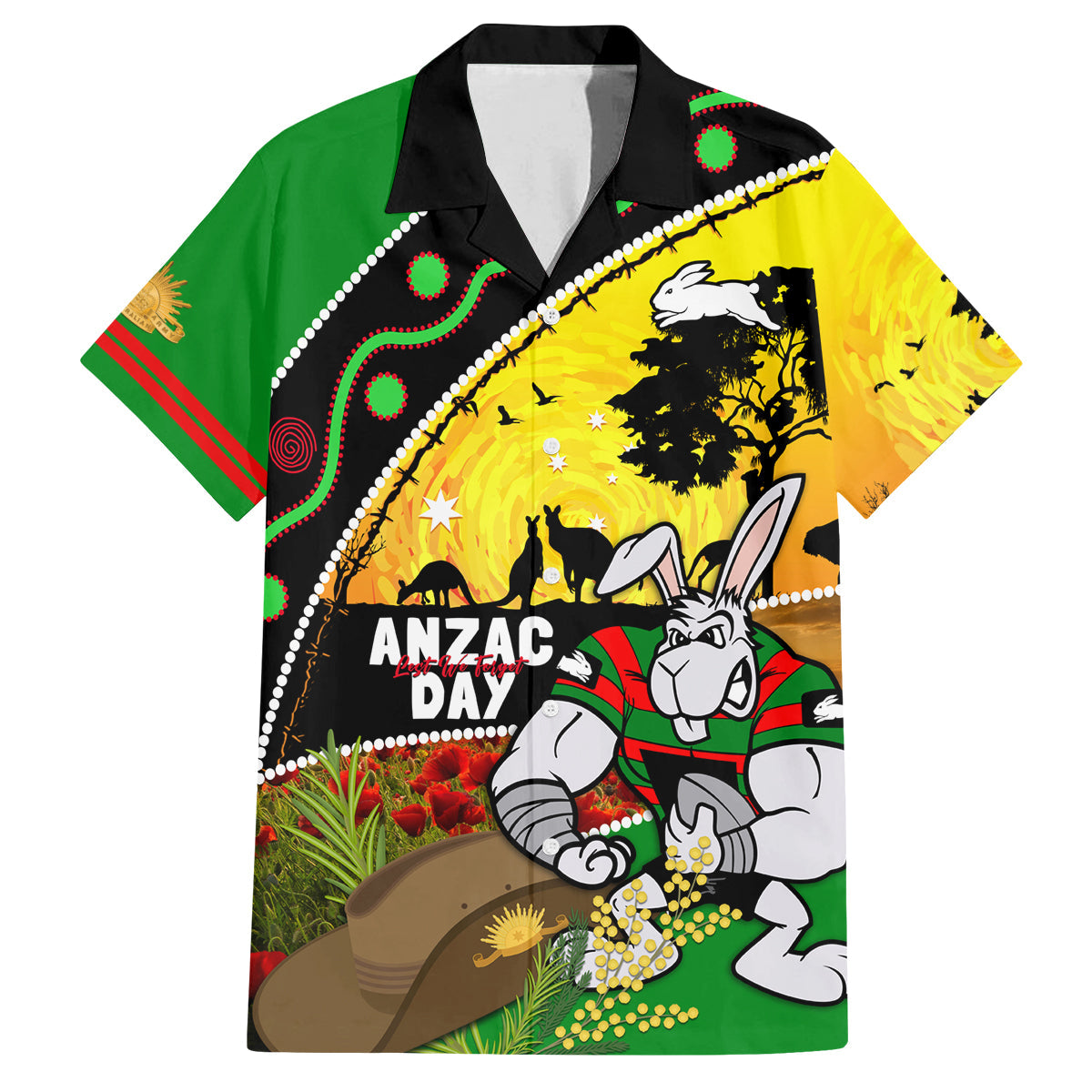 Rabbitohs ANZAC Day Family Matching Off Shoulder Long Sleeve Dress and Hawaiian Shirt Souths Mascot Rosemary Starring Night Style