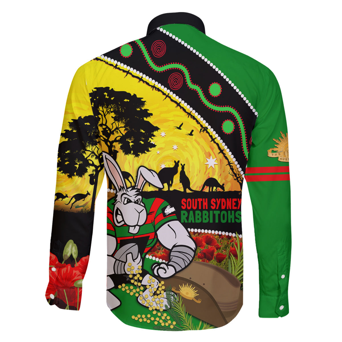 Rabbitohs ANZAC Day Family Matching Off Shoulder Long Sleeve Dress and Hawaiian Shirt Souths Mascot Rosemary Starring Night Style