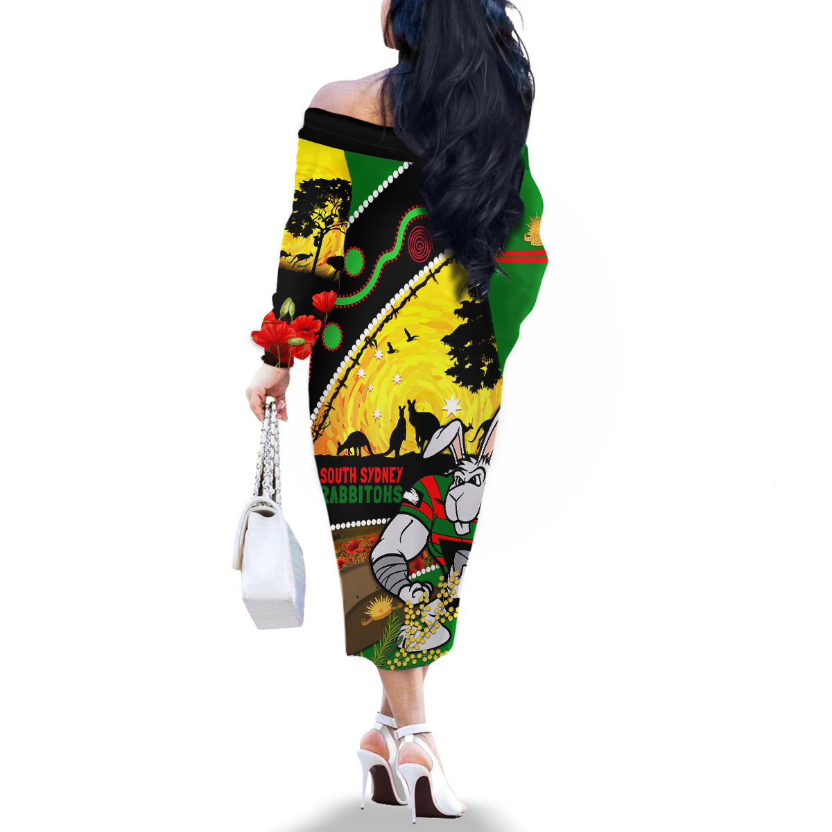 Rabbitohs ANZAC Day Family Matching Off Shoulder Long Sleeve Dress and Hawaiian Shirt Souths Mascot Rosemary Starring Night Style