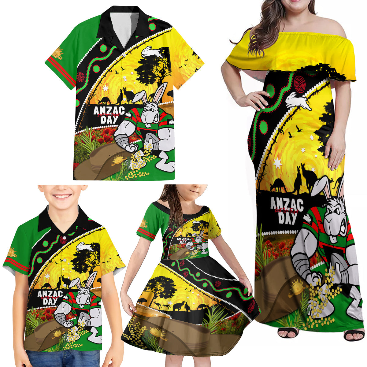 Rabbitohs ANZAC Day Family Matching Off Shoulder Maxi Dress and Hawaiian Shirt Souths Mascot Rosemary Starring Night Style