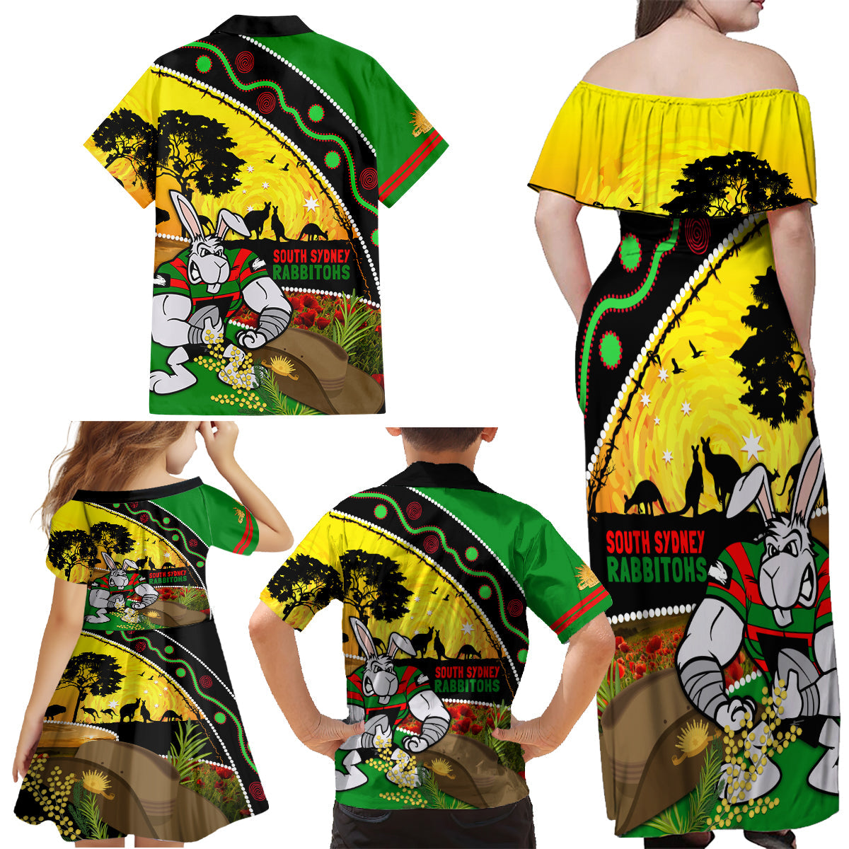 Rabbitohs ANZAC Day Family Matching Off Shoulder Maxi Dress and Hawaiian Shirt Souths Mascot Rosemary Starring Night Style