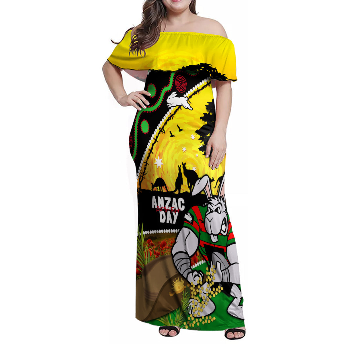 Rabbitohs ANZAC Day Family Matching Off Shoulder Maxi Dress and Hawaiian Shirt Souths Mascot Rosemary Starring Night Style