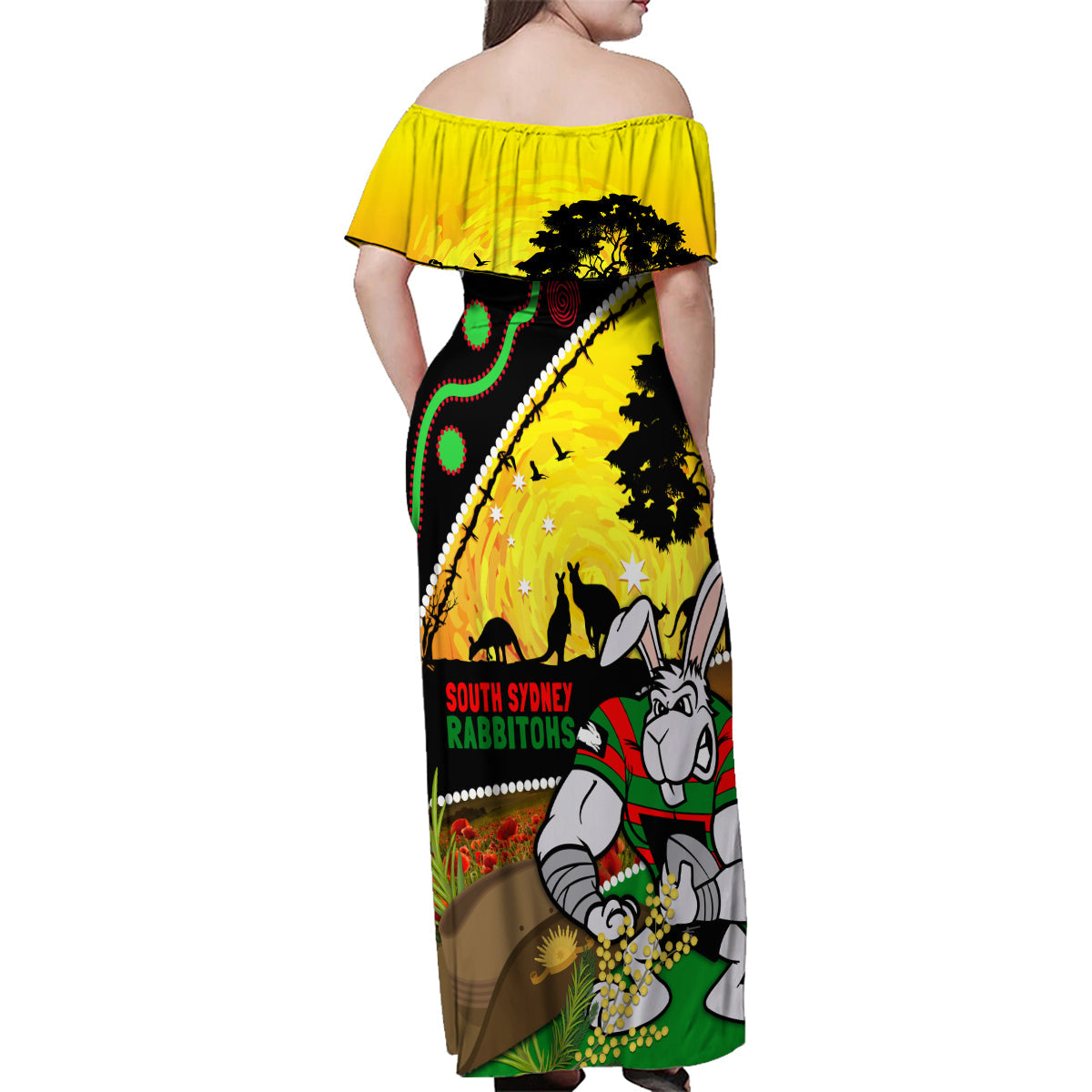 Rabbitohs ANZAC Day Family Matching Off Shoulder Maxi Dress and Hawaiian Shirt Souths Mascot Rosemary Starring Night Style