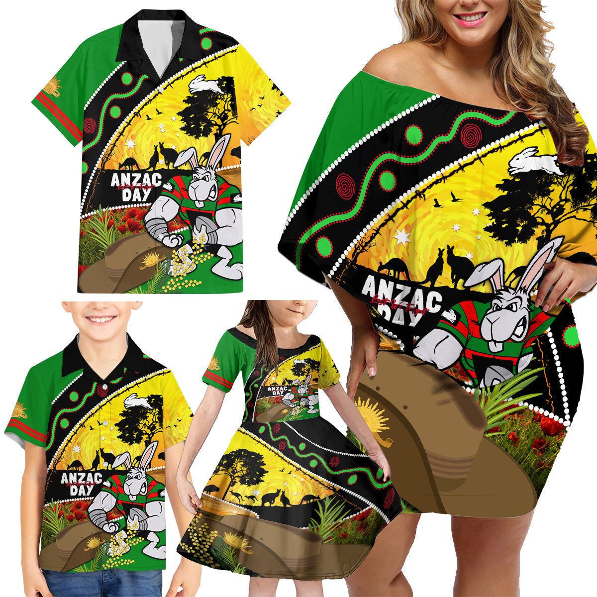 Rabbitohs ANZAC Day Family Matching Off Shoulder Short Dress and Hawaiian Shirt Souths Mascot Rosemary Starring Night Style