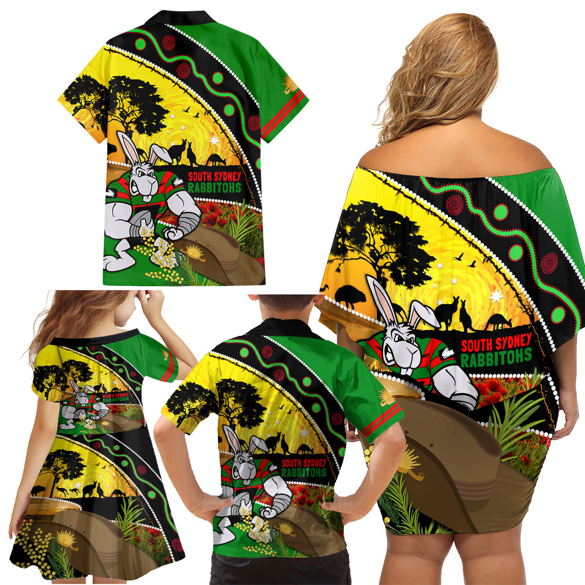 Rabbitohs ANZAC Day Family Matching Off Shoulder Short Dress and Hawaiian Shirt Souths Mascot Rosemary Starring Night Style