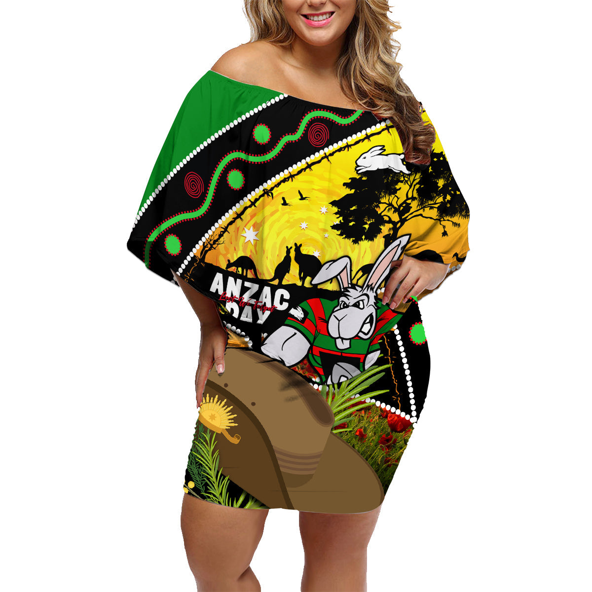 Rabbitohs ANZAC Day Family Matching Off Shoulder Short Dress and Hawaiian Shirt Souths Mascot Rosemary Starring Night Style