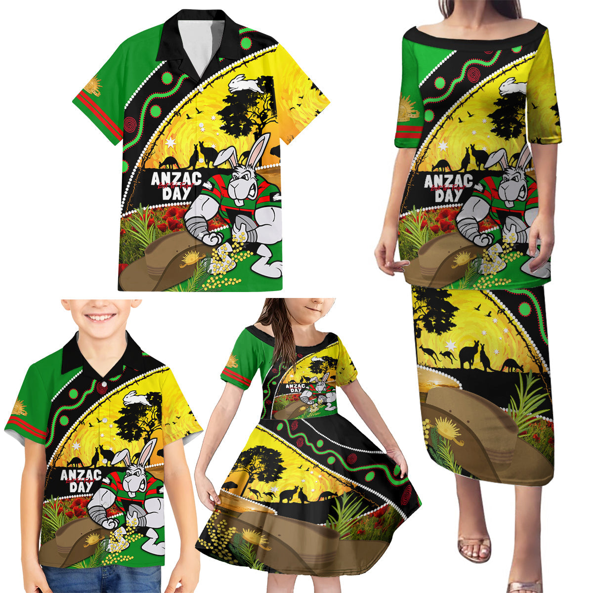 Rabbitohs ANZAC Day Family Matching Puletasi and Hawaiian Shirt Souths Mascot Rosemary Starring Night Style