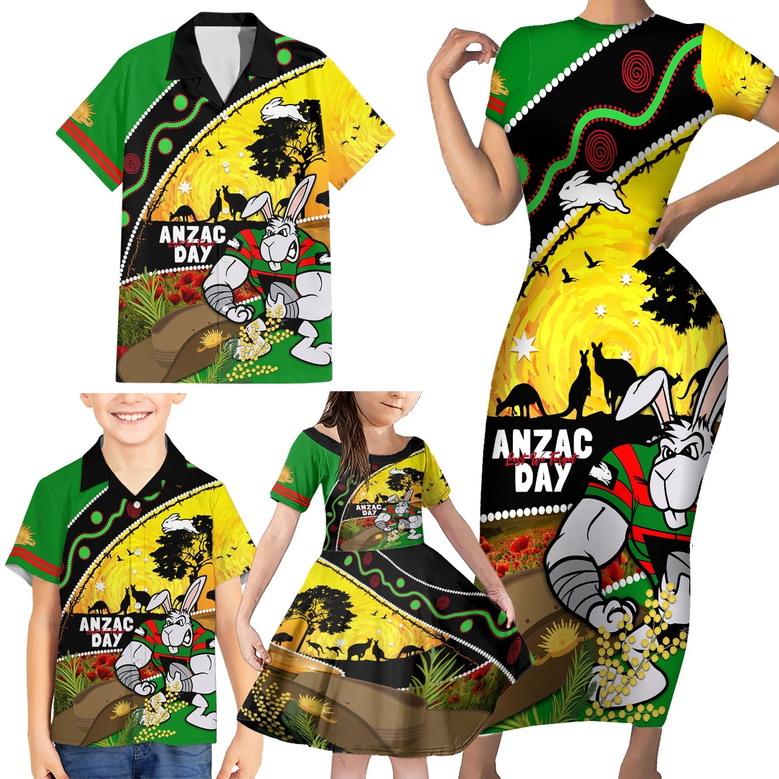 Rabbitohs ANZAC Day Family Matching Short Sleeve Bodycon Dress and Hawaiian Shirt Souths Mascot Rosemary Starring Night Style