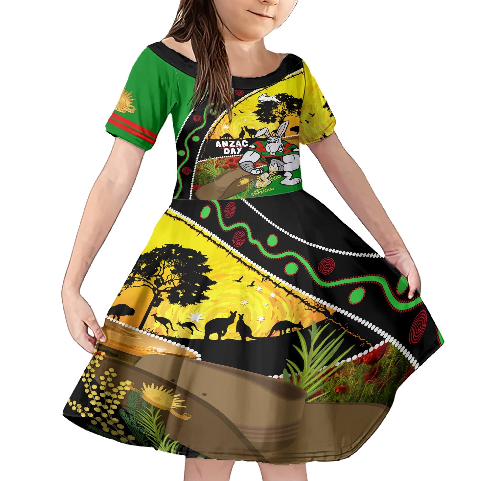 Rabbitohs ANZAC Day Family Matching Short Sleeve Bodycon Dress and Hawaiian Shirt Souths Mascot Rosemary Starring Night Style