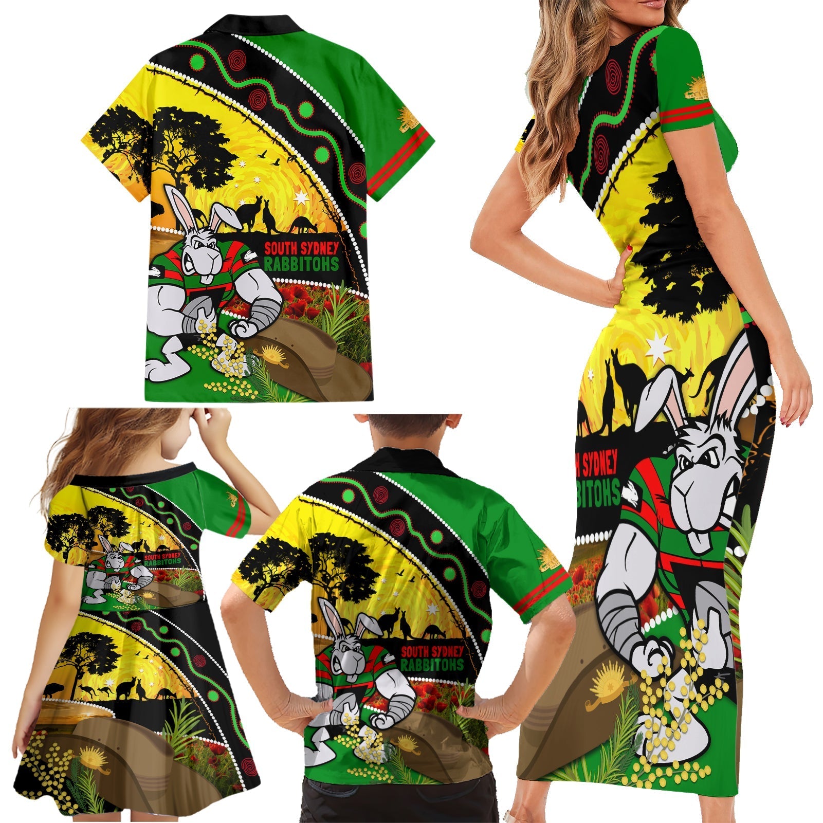 Rabbitohs ANZAC Day Family Matching Short Sleeve Bodycon Dress and Hawaiian Shirt Souths Mascot Rosemary Starring Night Style